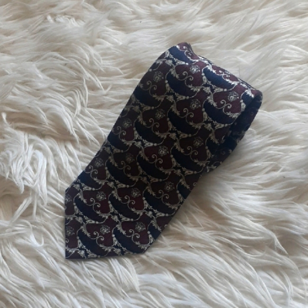 Versace 100% Silk Baroque Iconic Medusa Print Maroon Black Tie